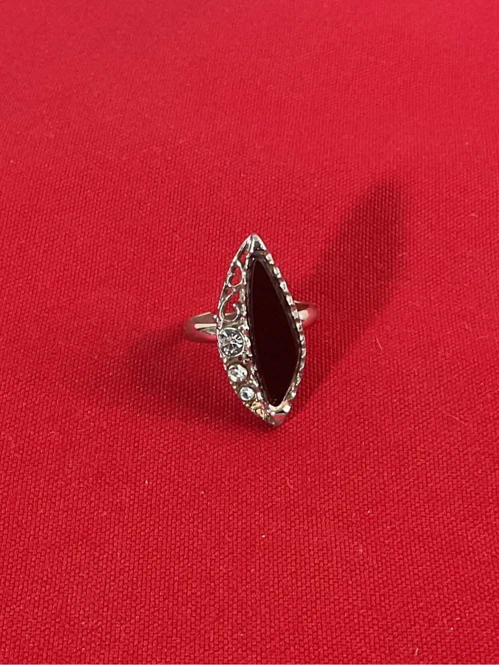 Vintage Emmons Black Marquise Cabochon Rhinestone Adjustable Ring Silver Tone Co